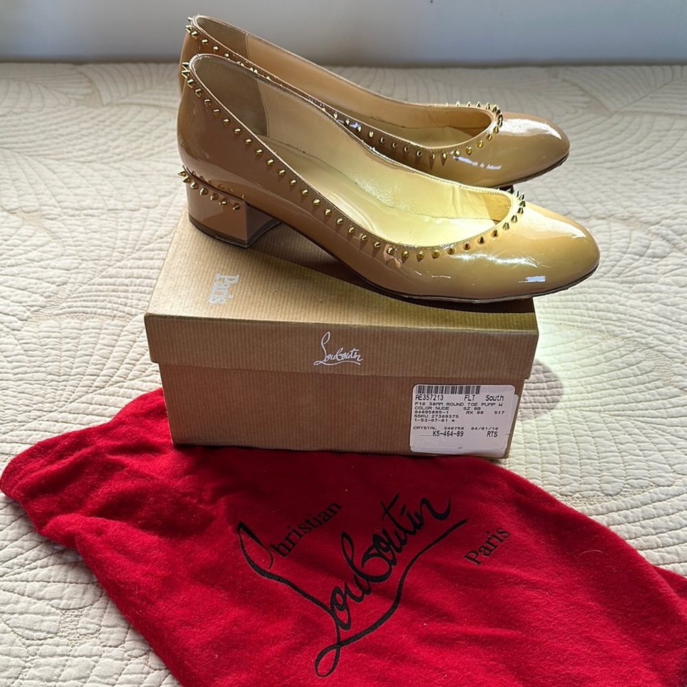 Christian Louboutin Beige Patent Leather Studded Pumps